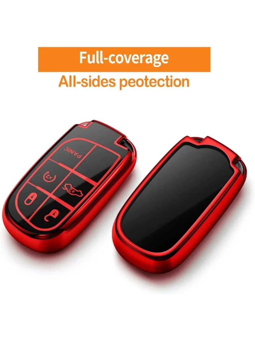 Soft TPU Key Fob Cover with Leather Keychain for Jeep, Dodge, Chrysler - Red